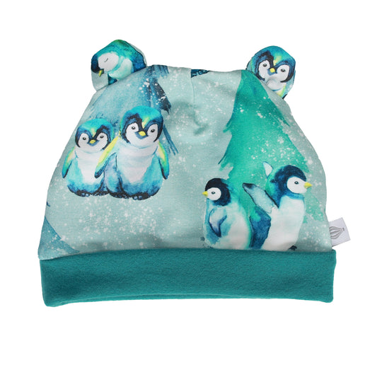 Penguin Organic Baby Hat (with Ears) Teal Band
