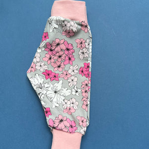 Grey & Pink Florals Organic Leggings (Light Pink Cuff)